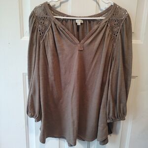 Max Studio Taupe Crochet-Trim Peasant Blouse